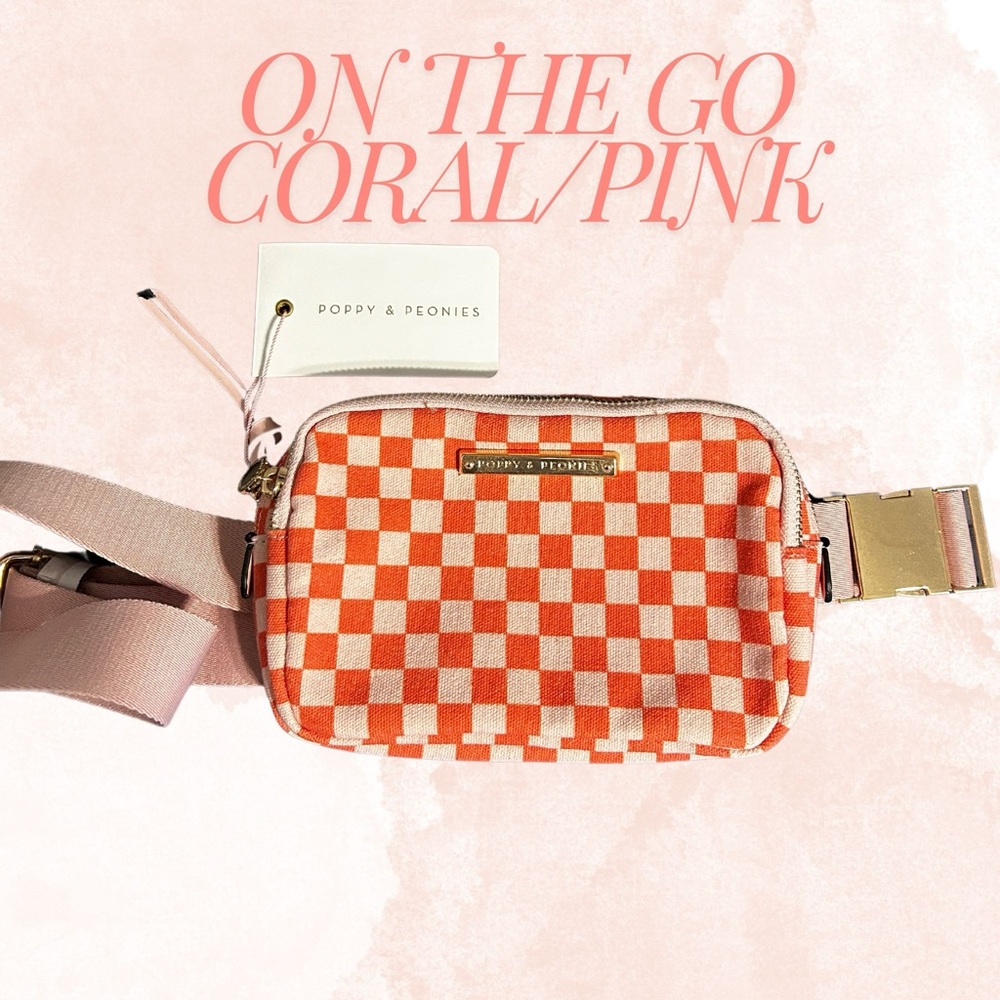 Brand New Poppy&Peonies cross body on the go bag, checkers coral and pink